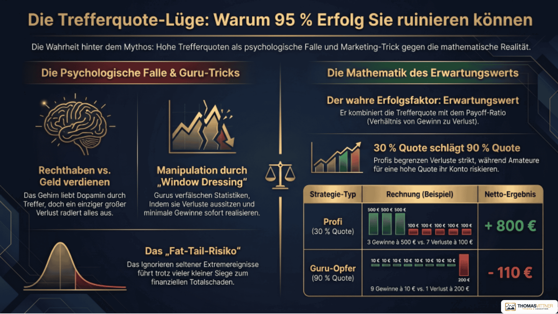 Infografik Trading Trefferquote: Vergleich zwischen Win Rate und Erwartungswert zur Entlarvung der 95 Prozent Lüge im Aktienhandel.